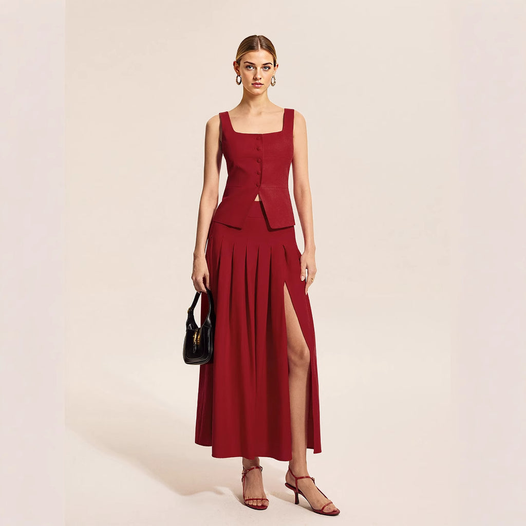 Women's Summer 3d Cutting Cinched Vest and Skirt Two-Piece Set