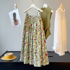 Plant Print Skirt Women Summer HW Slimming A line Unique