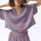 Women's Short Cotton Yarn V Neck T-Shirt Beauty Thin Loose Basic
