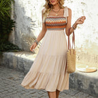 Women's Smocked Geometric-Print Midi Dress