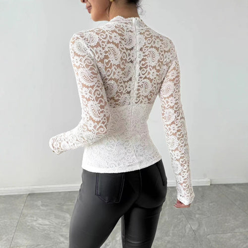 Autumn Winter Lace Stitching Back Long Sleeve Zipper Slim Fit Slimming Office Top