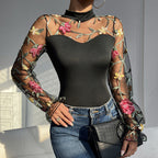Embroidered Mesh Puff Sleeve Sheer Cutout Long Sleeve Women Clothing Sexy Slim Jumpsuit