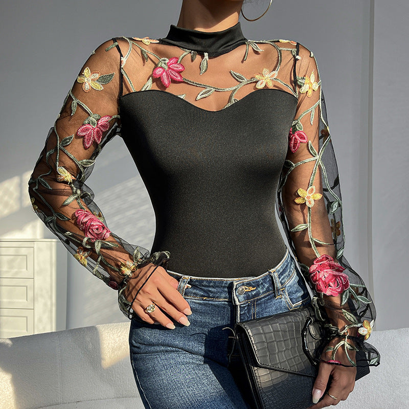 Embroidered Mesh Puff Sleeve Sheer Cutout Long Sleeve Women Clothing Sexy Slim Jumpsuit