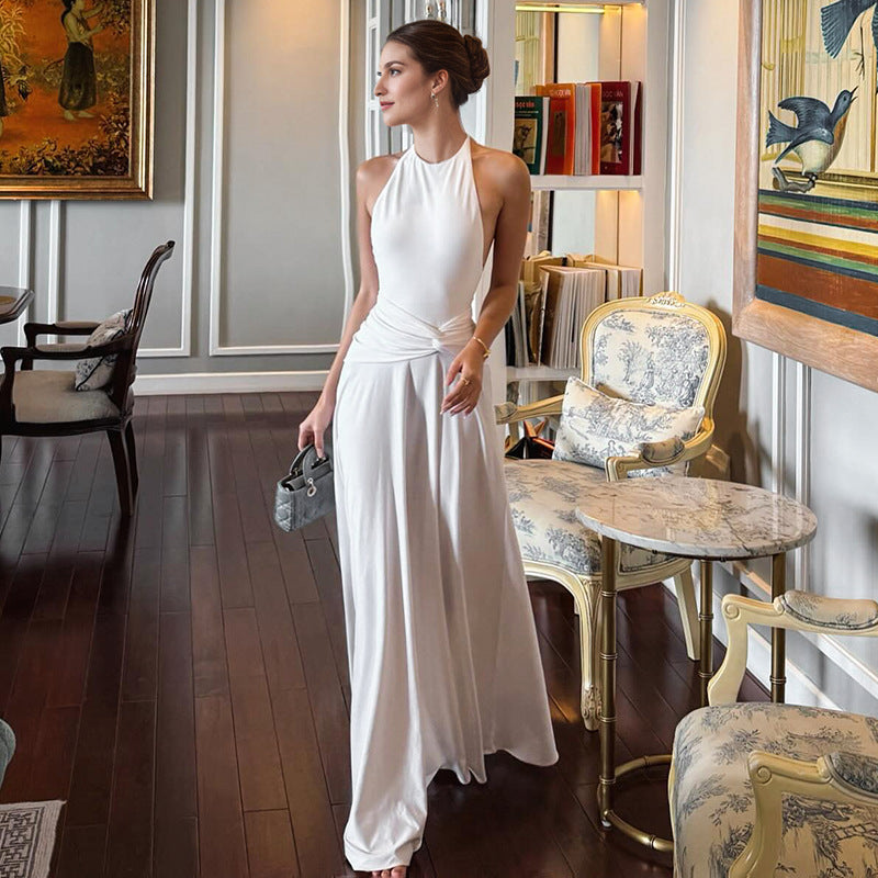 Women's Halter Backless Ruched Asymmetric Maxi Dress