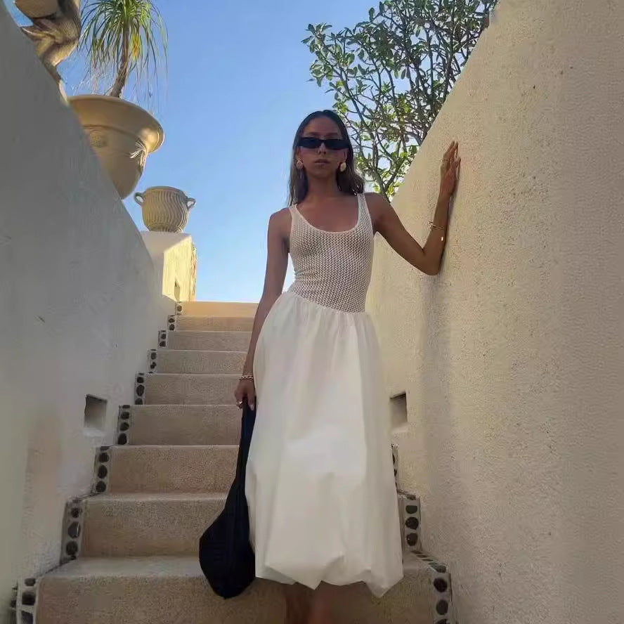 Women's Square-Neck Mesh Patchwork Sleeveless Maxi Dress