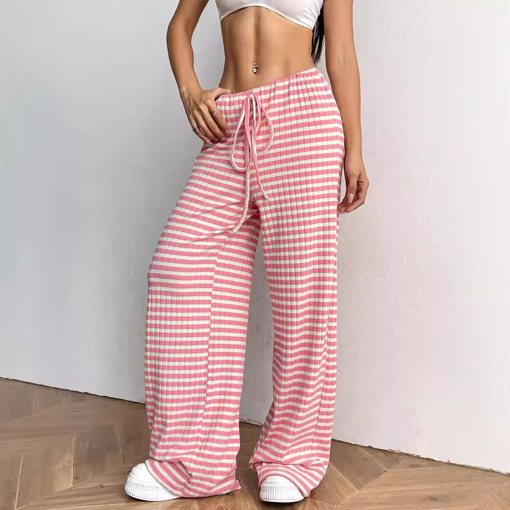 Striped Solid Color Rubber Band Drawstring Straight Pants