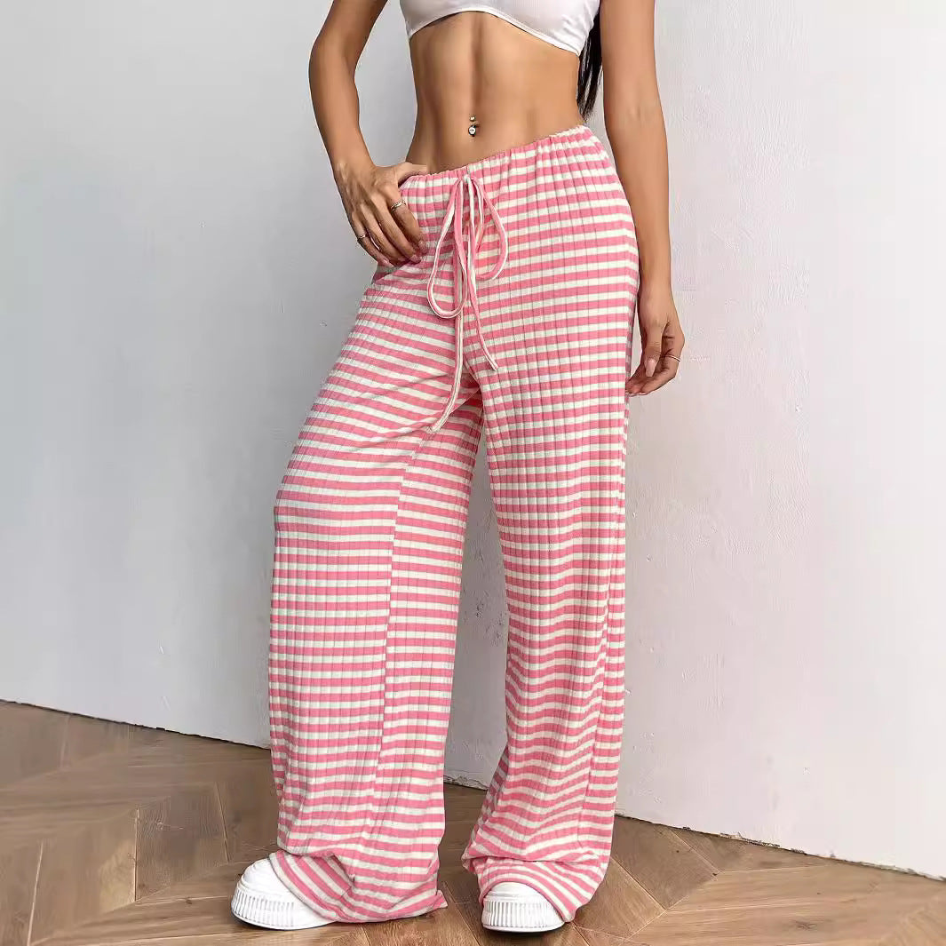 Striped Solid Color Rubber Band Drawstring Straight Pants