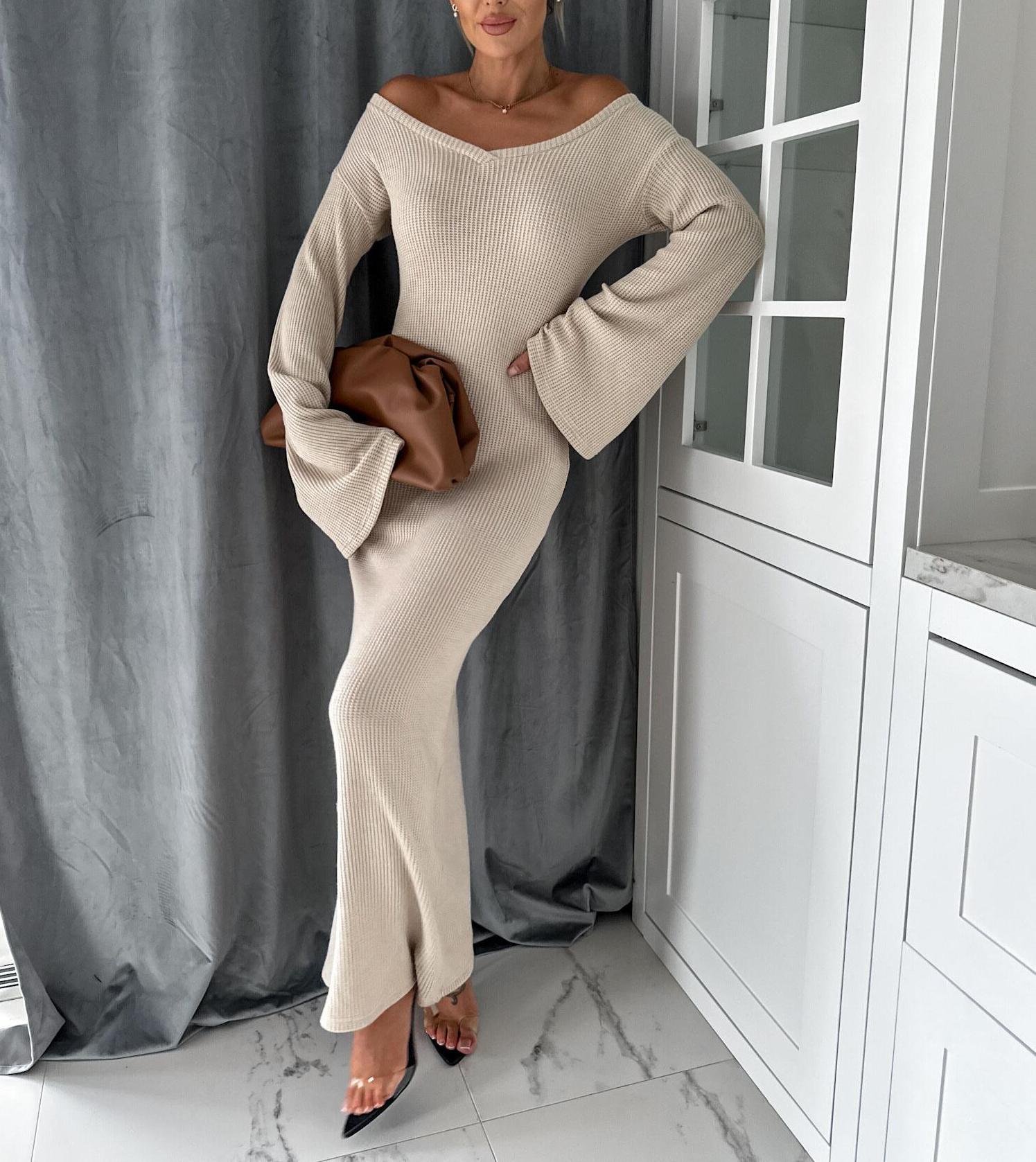 Women's Ribbed V-Neck Trumpet-Sleeve Sweater Maxi Dress