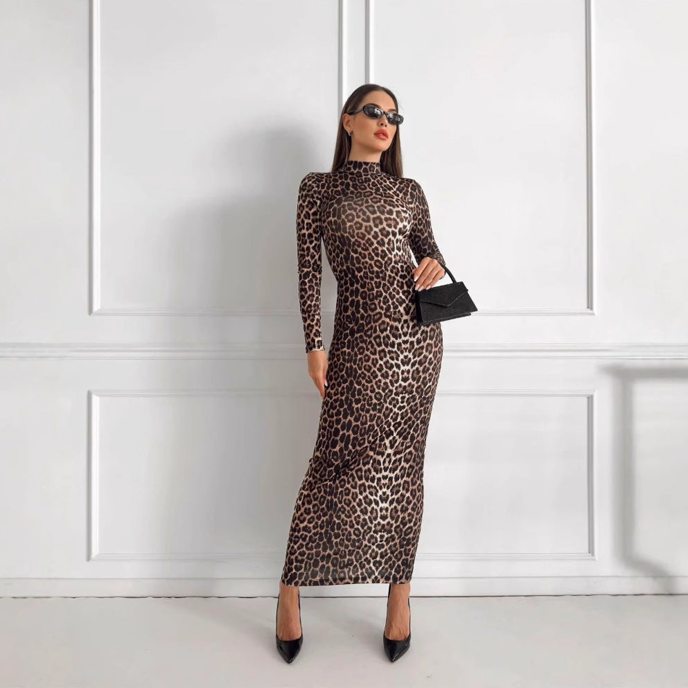 Leopard Print Stand Collar Long Sleeve Maxi Dress