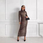 Leopard Print Stand Collar Long Sleeve Maxi Dress