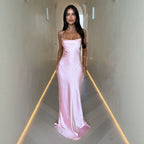 Pink satin sling dress, fitted bodice and long mermaid hem