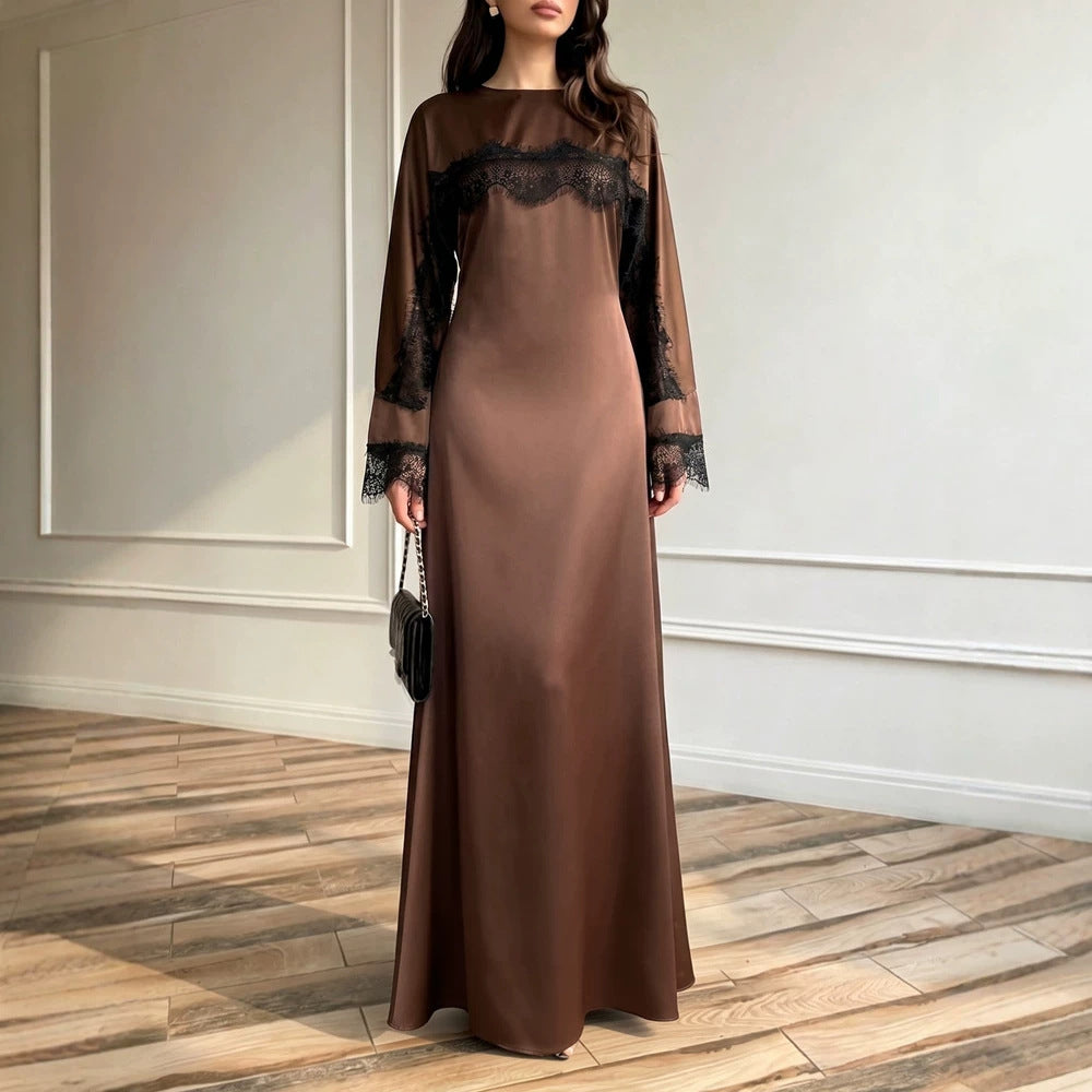 Autumn Ladies Long Satin Lace Stitching Shawl Dress Elegant Long