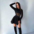 Sheer Mesh Boning Corset Mini Dress