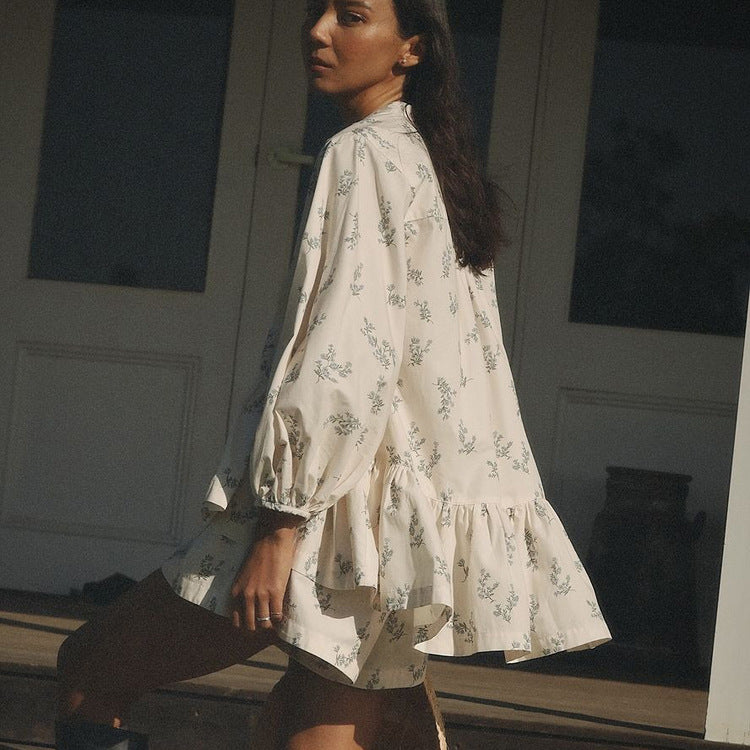 Puff-Sleeve Shirt & Printed Shorts Set