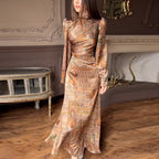 Printed Stand-Collar Flared-Sleeve Dress