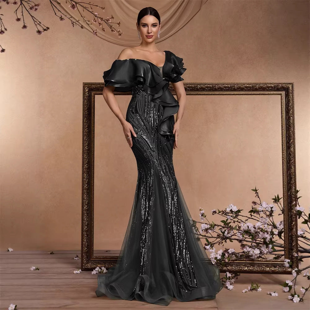 Elegant Ruffle Sleeve Sequin Elegant Cocktail Party Dinner Dress