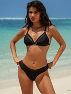 Black bikini split swimsuit set with triangle bra and high-cut bikini bottoms