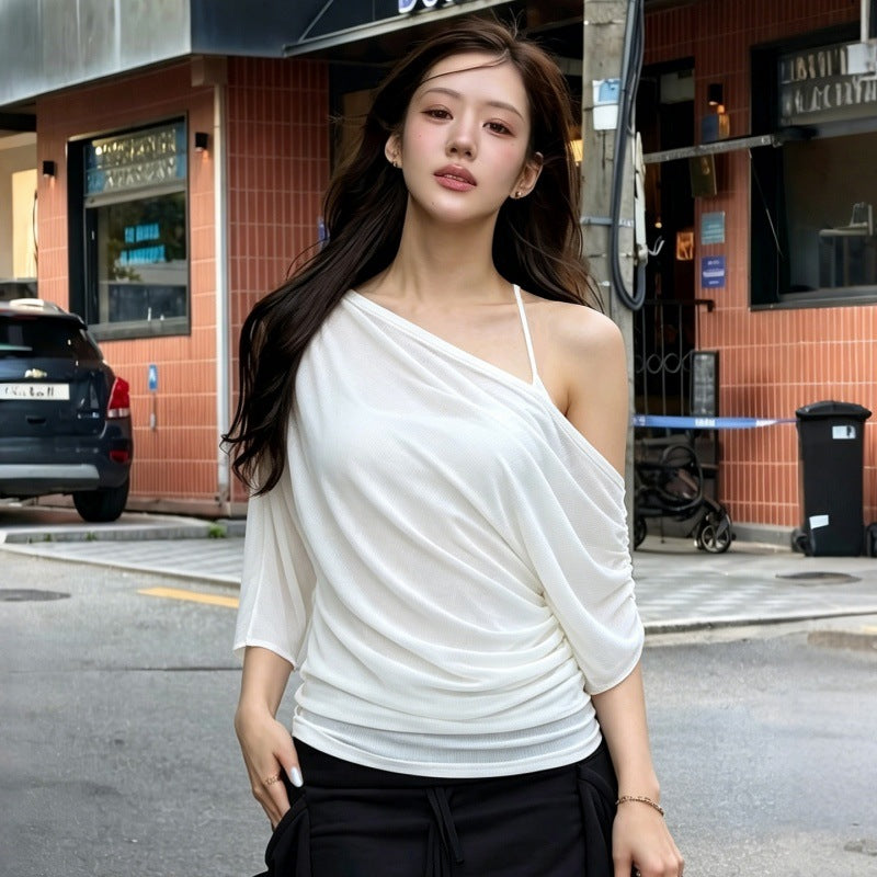 Women Clothing Summer Solid Color Oblique Shoulder Loose Blouse Camisole Two Piece Set