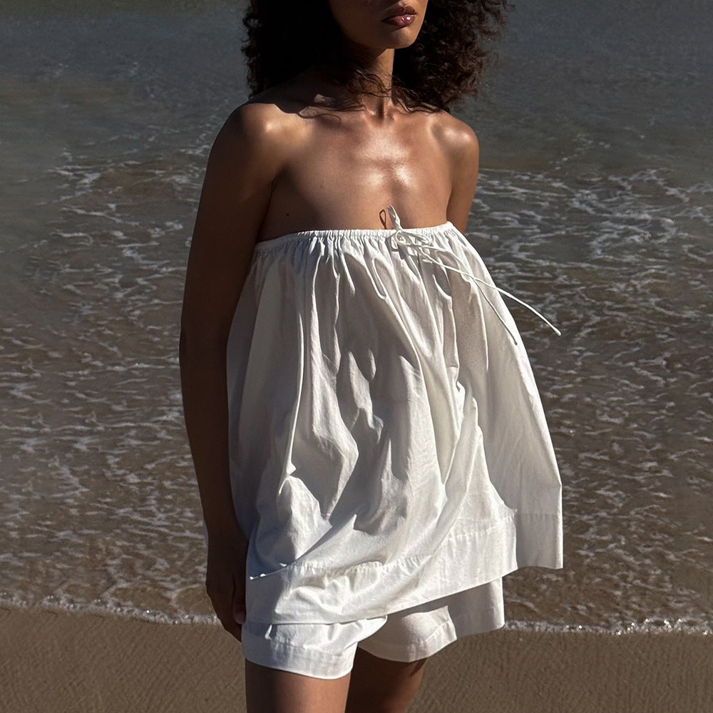Tube Top Shorts Two Piece Sets Spring Summer Tube Top Pleated off Shoulder Top Shorts Two Piece Sets