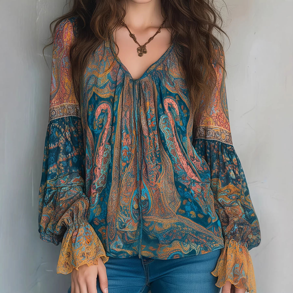 Bohemian Cyan Ambersil Paisley Chiffon Blouse with Frill