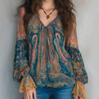 Bohemian Cyan Ambersil Paisley Chiffon Blouse with Frill