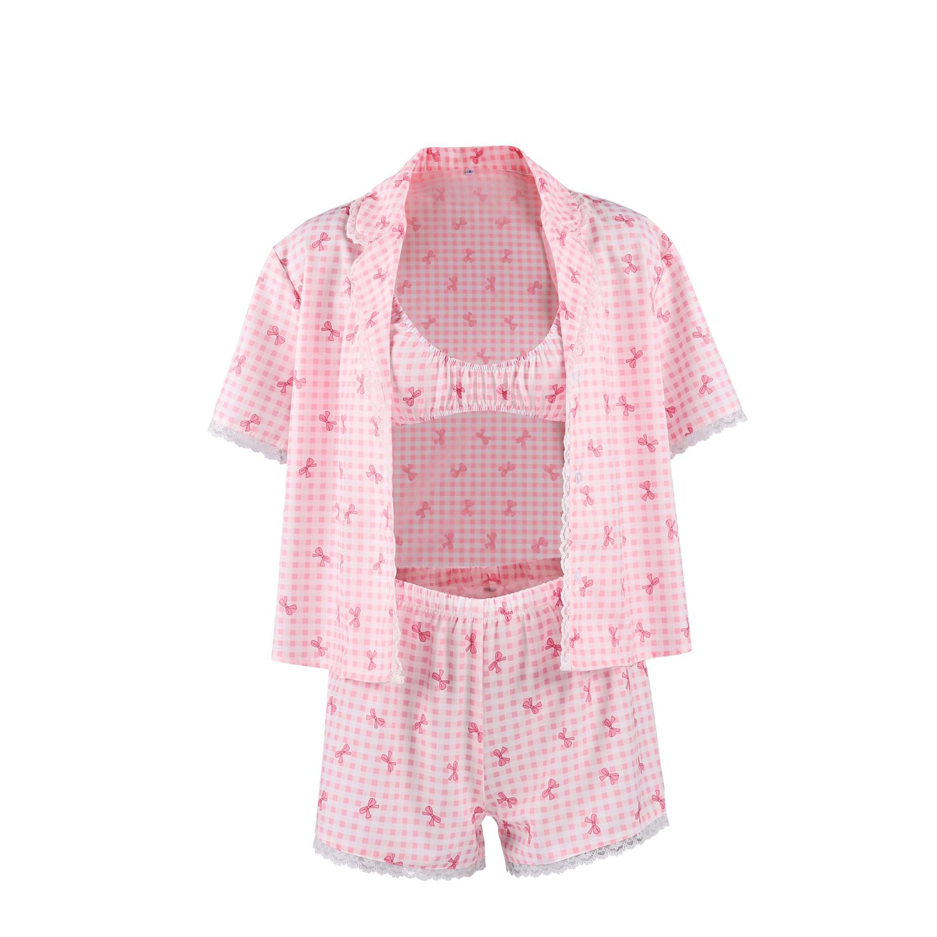 Women's Bow Print Lace Three-Piece Pajama Set