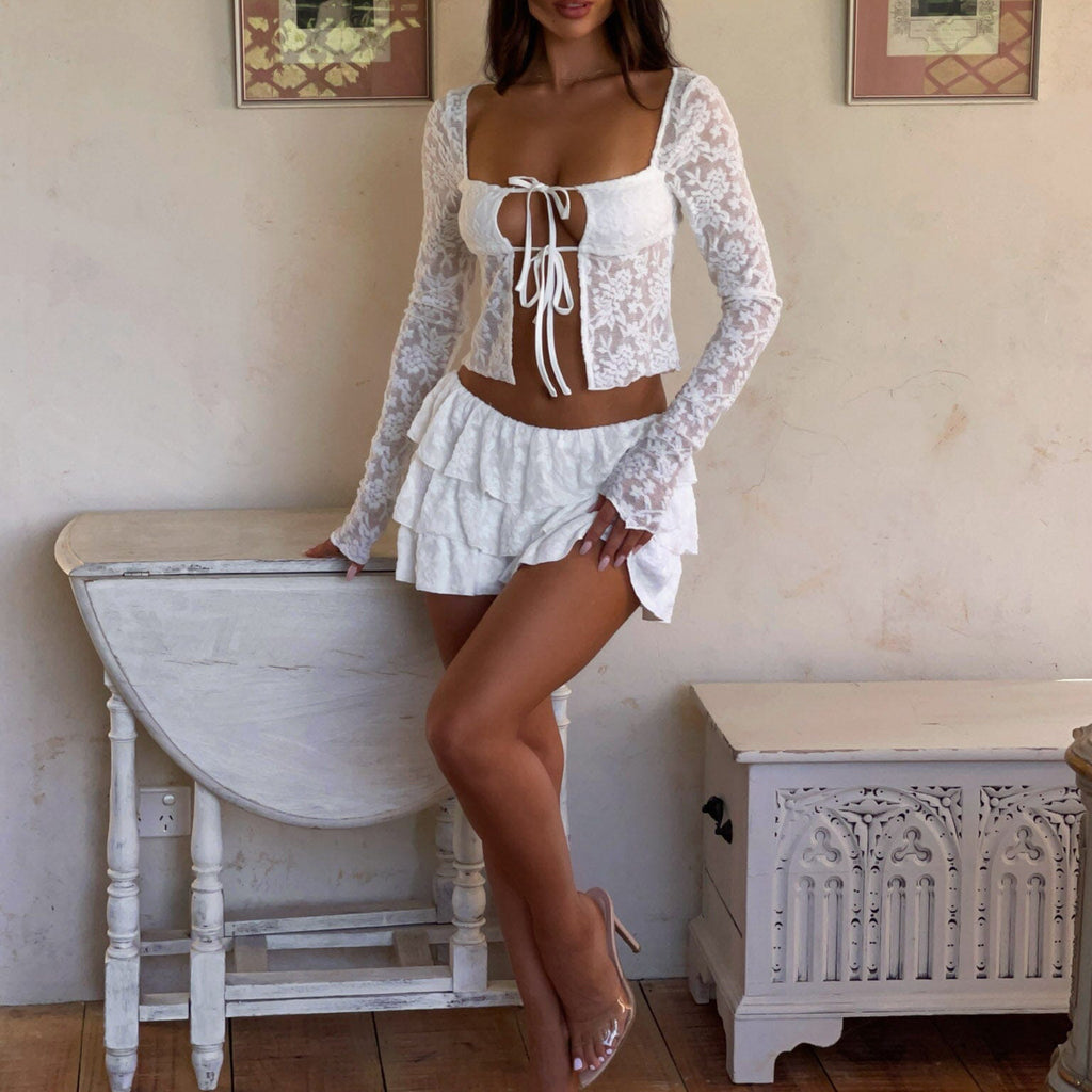 Women's Lace Cutout Long-Sleeve Top And Skirt Two-Piece Set