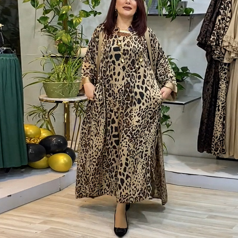 Leopard-Print Dress & Shawl Two-Piece Set