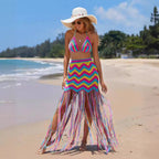 Chevron wave swim cover-up set with fringed maxi skirt and halter bikini top
