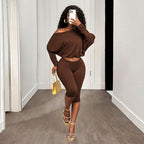 Women's Ruffle Solid Color Women Casual Outing Comfortable Blouse Pants One Shoulder Diagonal Collar Long Sleeve Two Piece Set