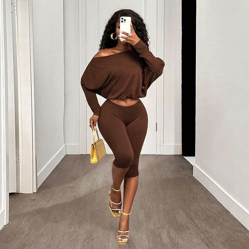 Women's Ruffle Solid Color Women Casual Outing Comfortable Blouse Pants One Shoulder Diagonal Collar Long Sleeve Two Piece Set