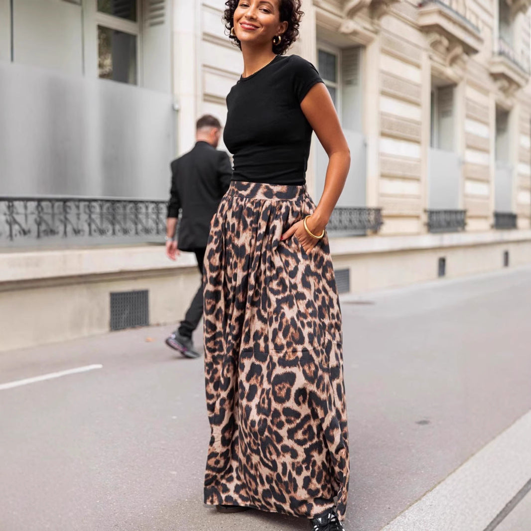 Spring Summer Leopard Print Pleated Puffy Skirt
