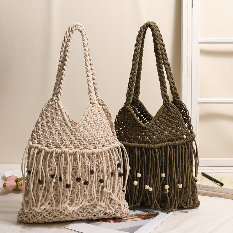 Women's Beaded Tassel Woven Straw Bag