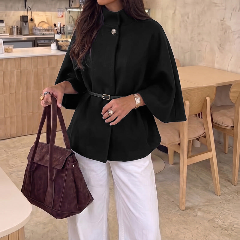 Black Stand-Up Collar Wool Cape Coat