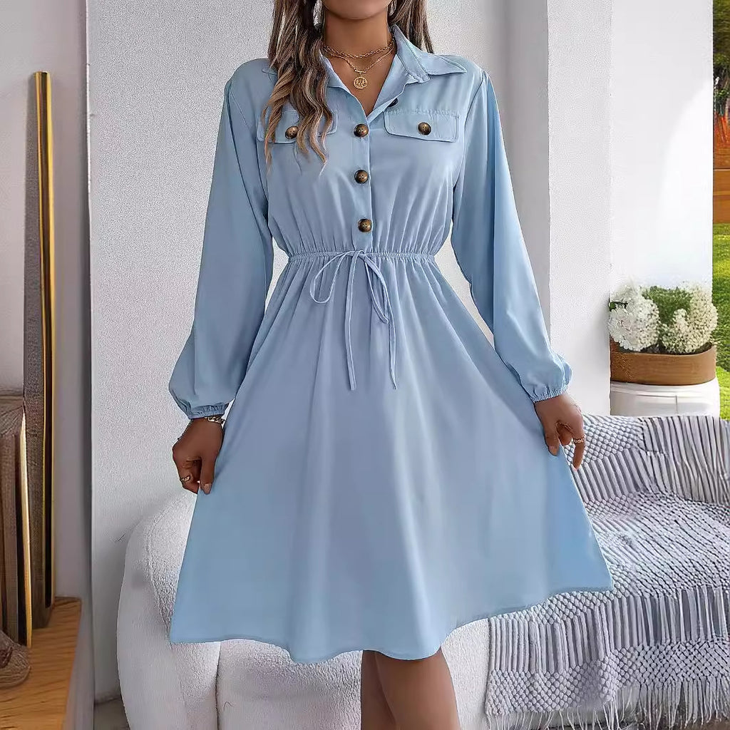 Winter Casual Button Lace-Up Long Sleeves Shirt Dress