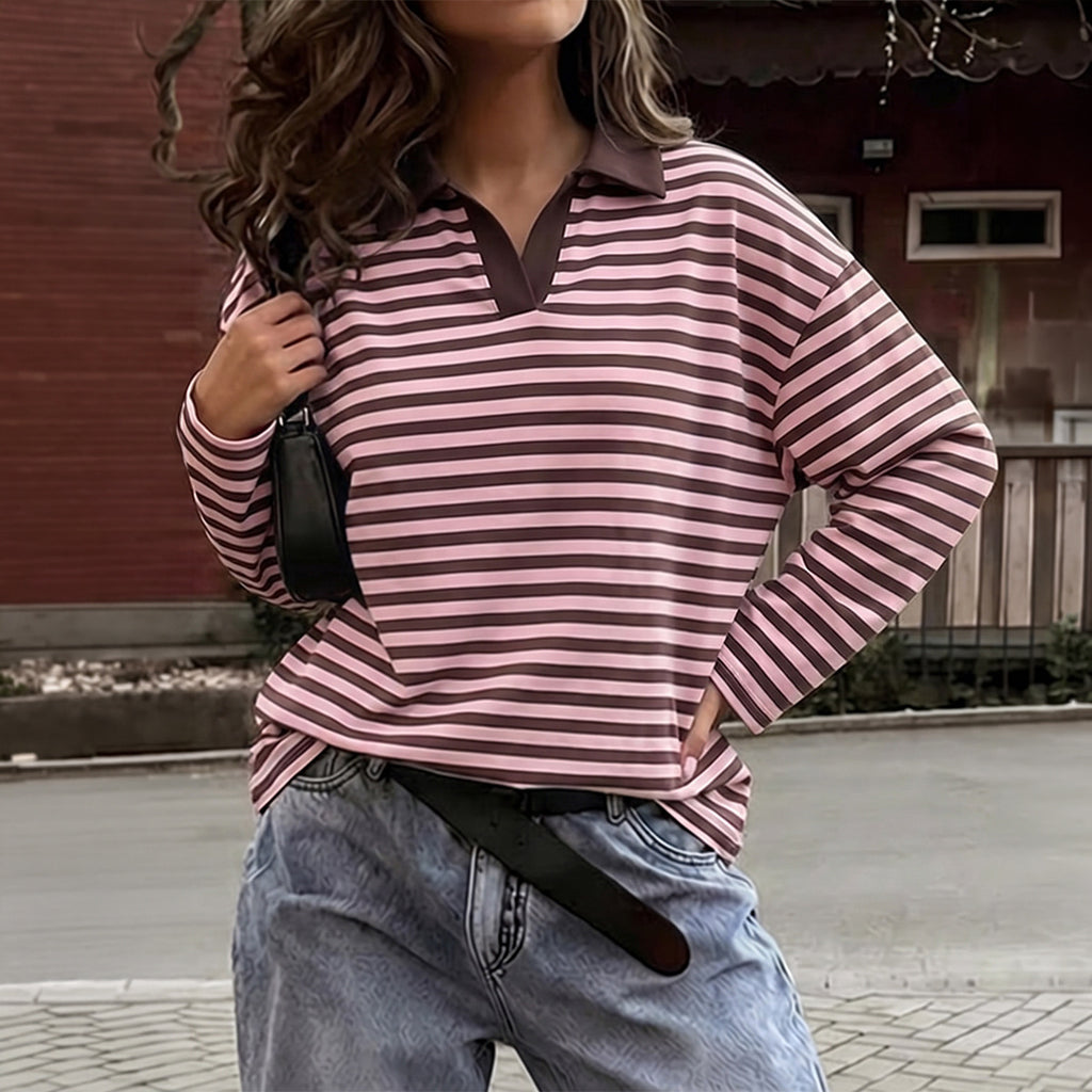 Women's Clothing Autumn Retro Contrast Color Striped Polo Collar Top