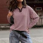 Women's Clothing Autumn Retro Contrast Color Striped Polo Collar Top