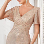 Women's Sequin V-Neck Split Evening Maxi Dress