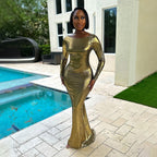 Solid Color Metallic Coated Fabric Round Neck Long Sleeve Dress