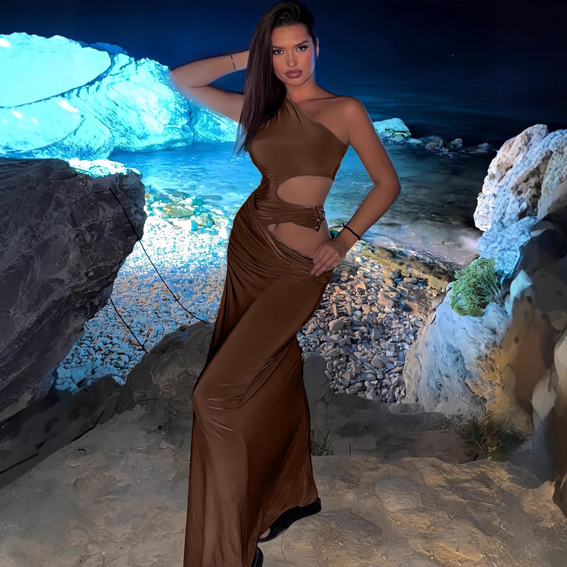 Women's One-Shoulder Ring Cutout Ruched Backless Dress