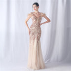 Women's Ostrich Feather Mesh Floral Sequin Wedding Evening Dress