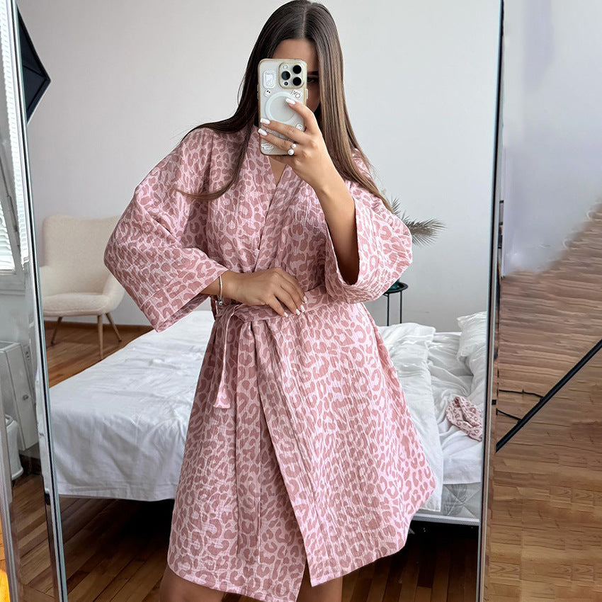 Long Sleeved Cardigan Bathrobe Leopard Print Cotton Nightgown Autumn Winter Soft Ladies Homewear