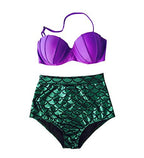 Purple halter bikini top and teal mermaid-scale high-waist bottoms