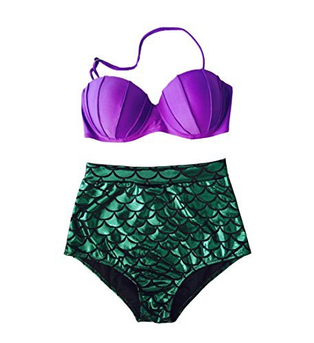 Purple halter bikini top and teal mermaid-scale high-waist bottoms