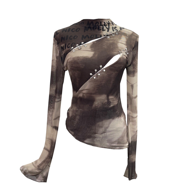 Women's Asymmetric Tie-Dye Mesh Cutout Top