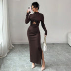 Women's Long Sleeve Split Slim-Fit Midi Dress