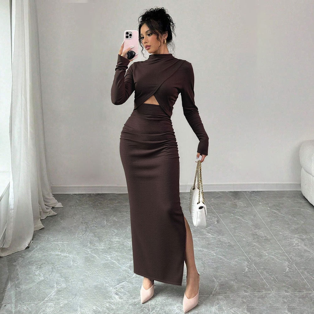 Women's Long Sleeve Split Slim-Fit Midi Dress