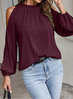 Women's Autumn Winter Women Solid Color Lotus Leaf Round Neck Long Sleeve Pleated Off Shoulder Blouse