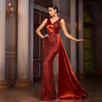 Floral Sequin V-Neck Asymmetric Maxi Dress