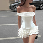 Women's Autumn Off Shoulder Tube Top Seamed Lotus Leaf Edge Skirt Two